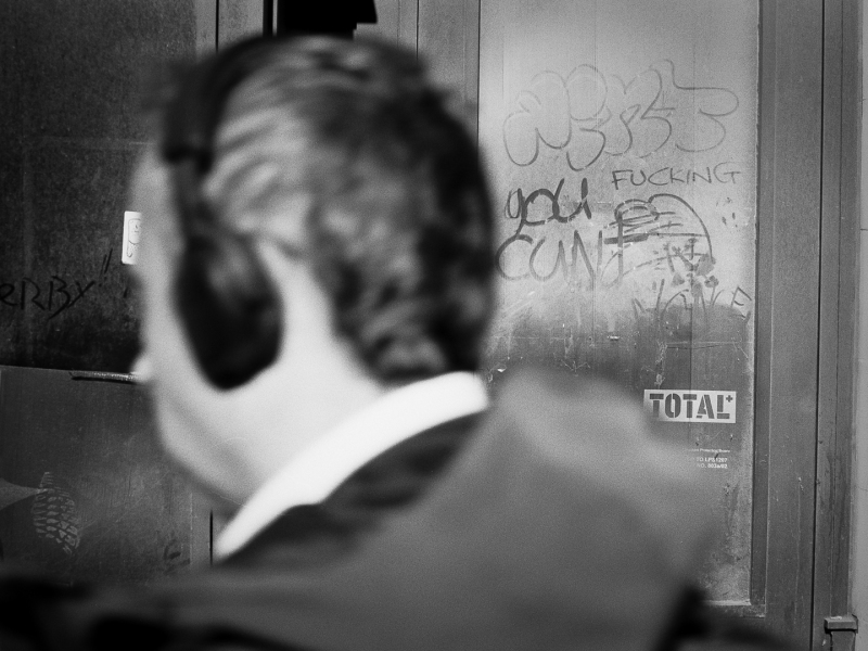City worker wearing headphones, Pentax MX