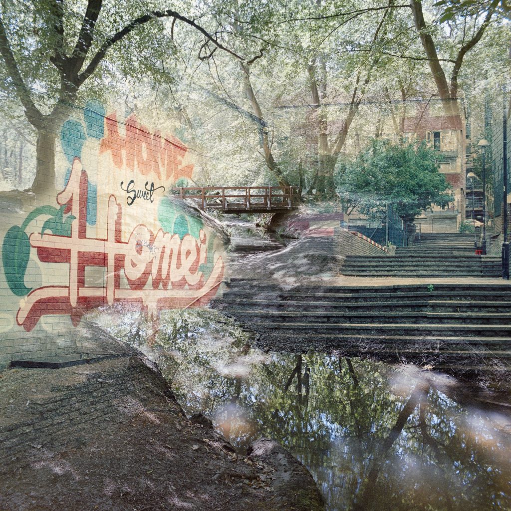 Double exposure of Aldriche Way Estate and the River Ching.